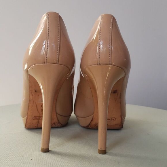 Coach Shoe Womens 9 Starla Nude Bow Peep Toe Platform Patent Leather Pumps - Picture 3 of 10